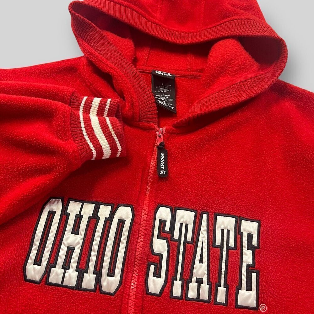 Vintage Starter Red Ohio State Fleece Hooded‎ Jacket Mens Large Varsity Stripe